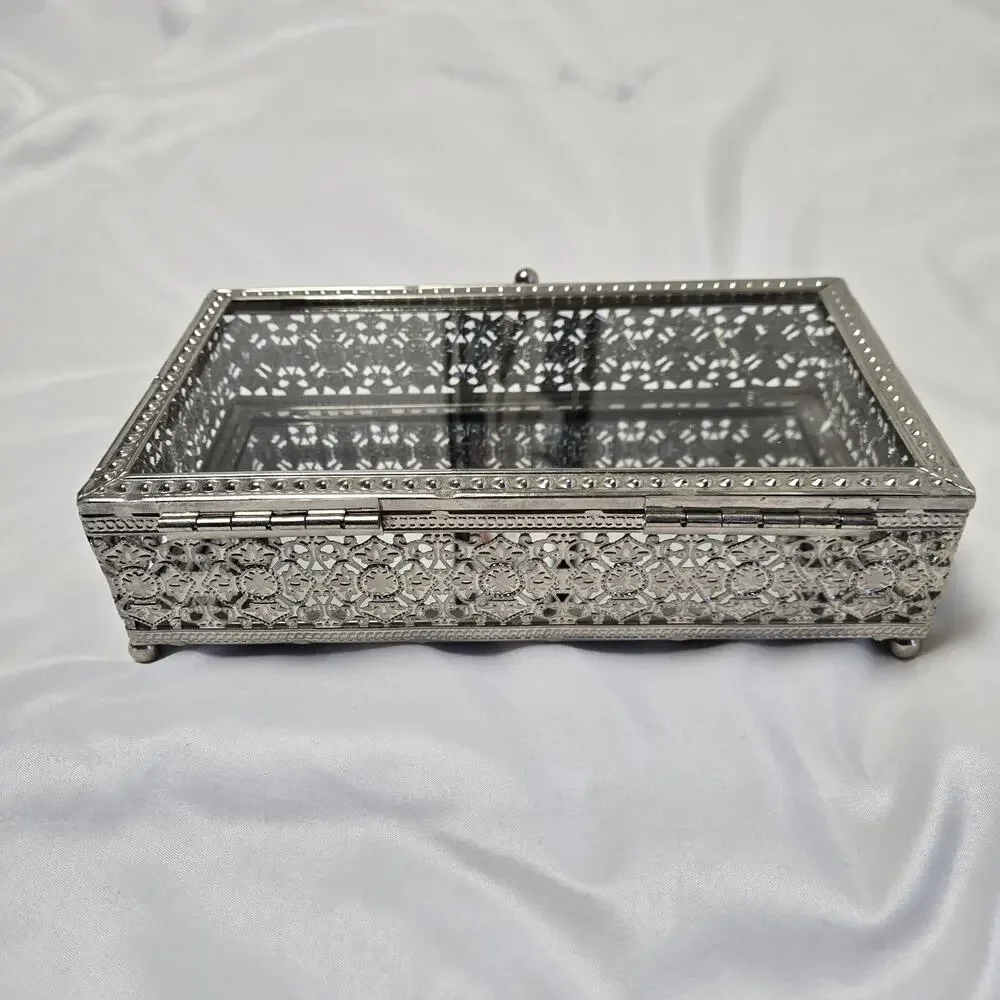 Ornate Glass And Metal Jewelry Box